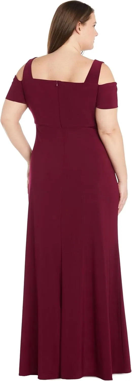 Nightway Elegant Full Length Evening Gown with Slit and Cut Out Shoulders