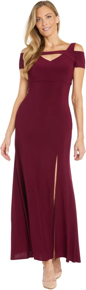 Nightway Elegant Full Length Evening Gown with Slit and Cut Out Shoulders