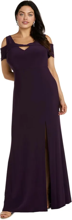 Nightway Elegant Full Length Evening Gown with Slit and Cut Out Shoulders