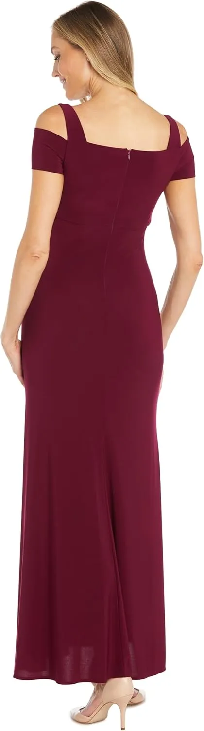Nightway Elegant Full Length Evening Gown with Slit and Cut Out Shoulders