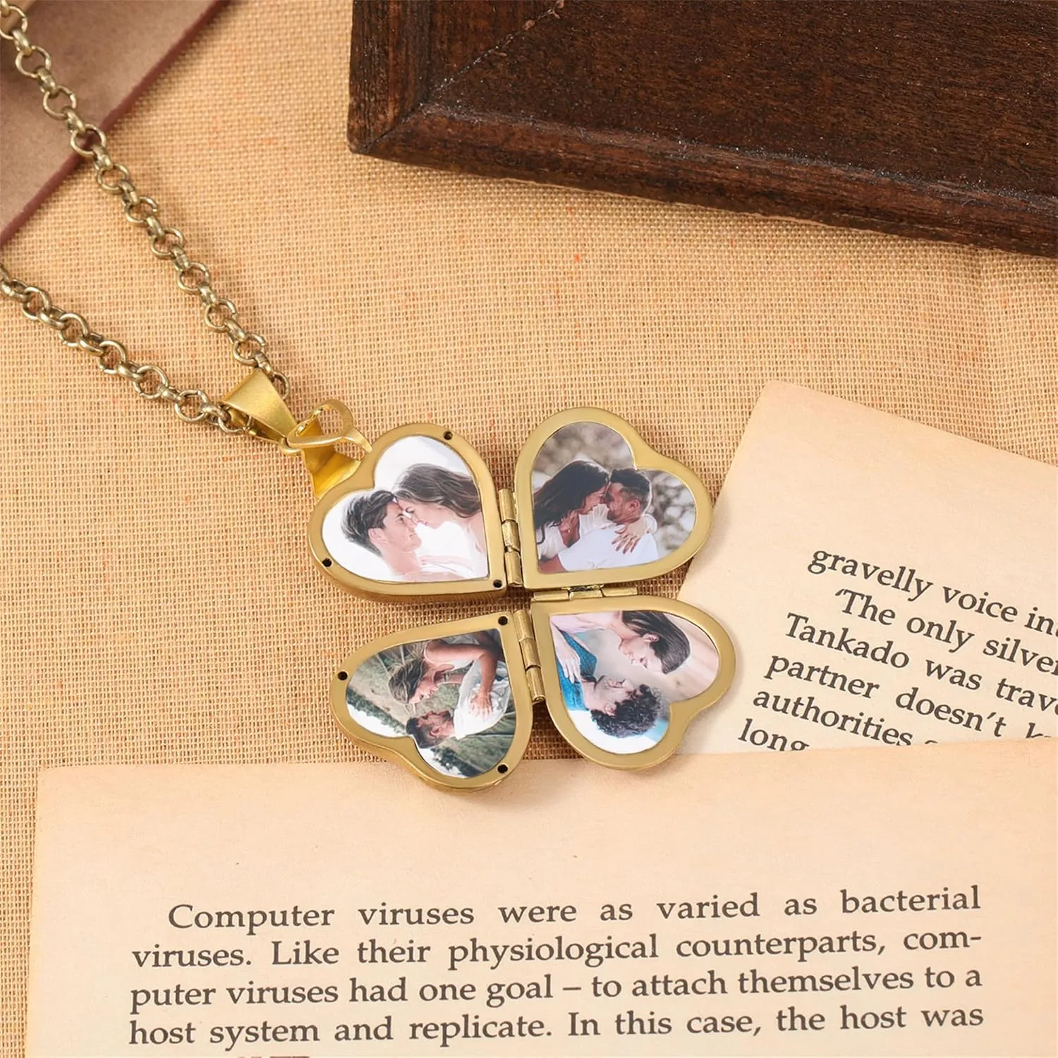 Nobelook Personalized Love Heart Locket Necklace That Holds 4 Photos Customizable Pendant Charms For Women Gold Plated Vintage Necklace for Mother Girls Christmas Birthday Gift Chain Length 31.49" Adjustable