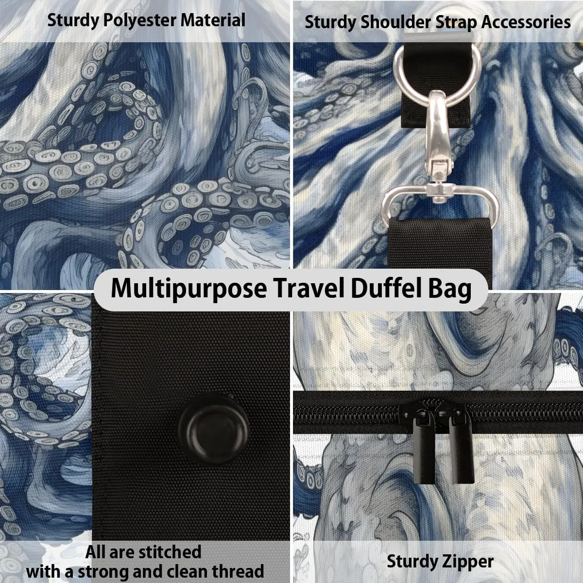 Ocean Octopus Travel Duffle Bag for Women Men Gym Duffel Foldable Bag Waterproof Weekender Natical Waves Duffle Tote