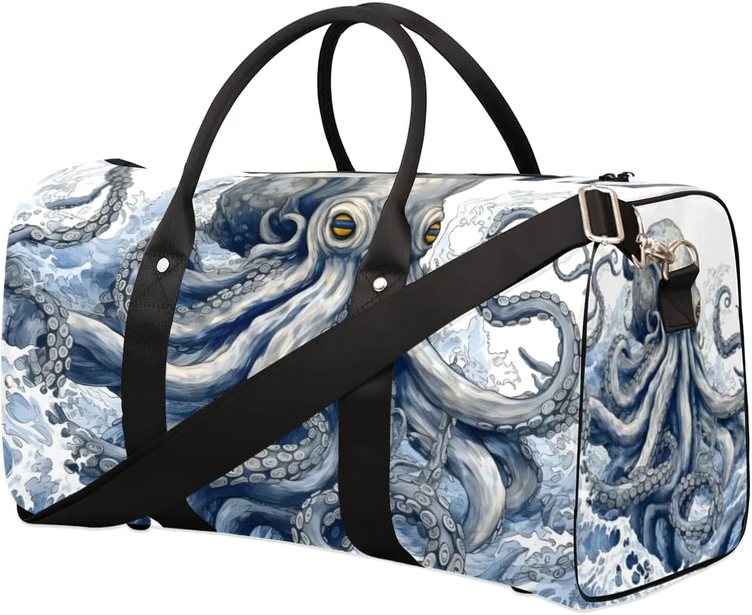 Ocean Octopus Travel Duffle Bag for Women Men Gym Duffel Foldable Bag Waterproof Weekender Natical Waves Duffle Tote