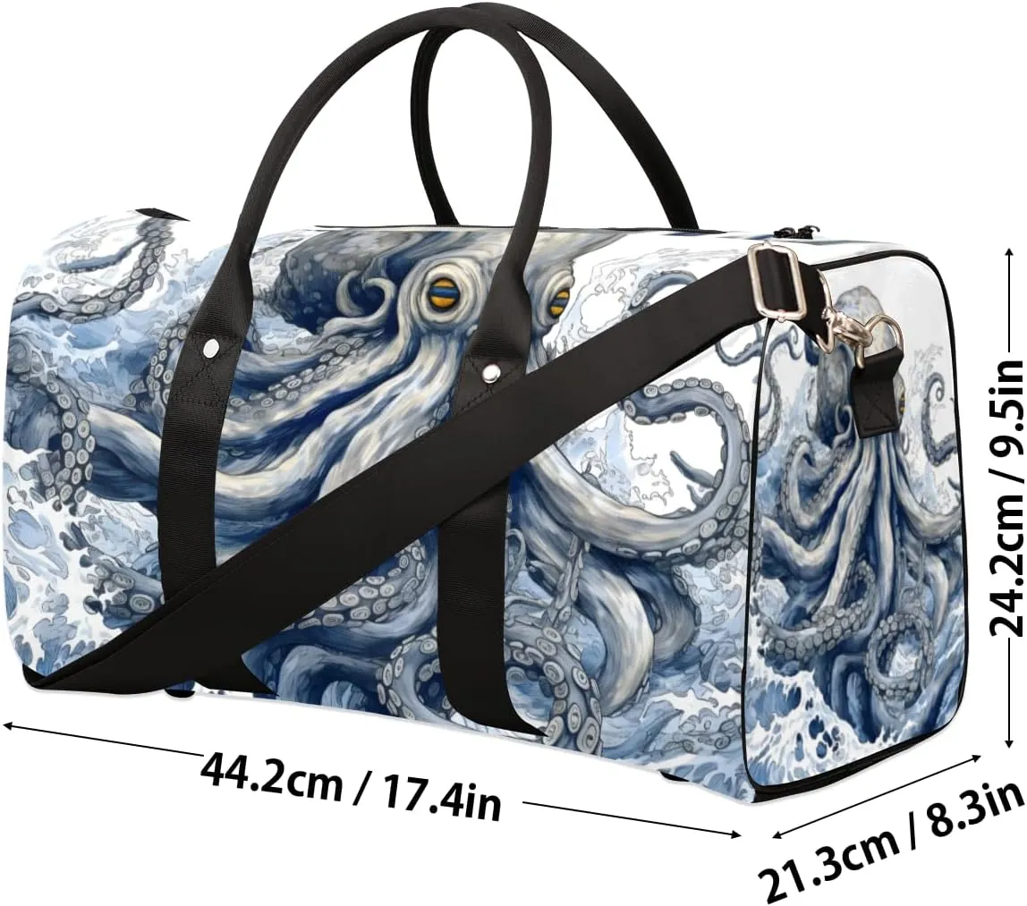 Ocean Octopus Travel Duffle Bag for Women Men Gym Duffel Foldable Bag Waterproof Weekender Natical Waves Duffle Tote