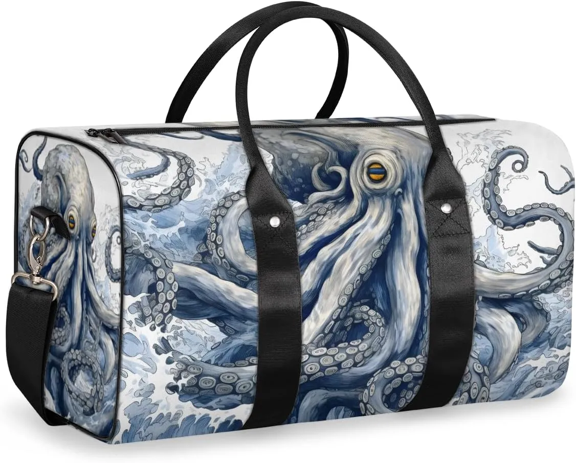 Ocean Octopus Travel Duffle Bag for Women Men Gym Duffel Foldable Bag Waterproof Weekender Natical Waves Duffle Tote