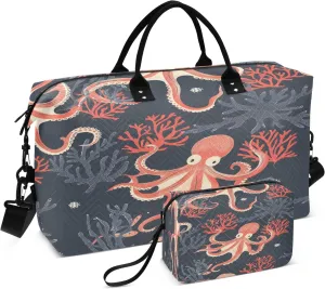 Octopus and Coral Travel Duffel Bags with Toiletry Bag for Travel Gym Yoga Weekender Bag