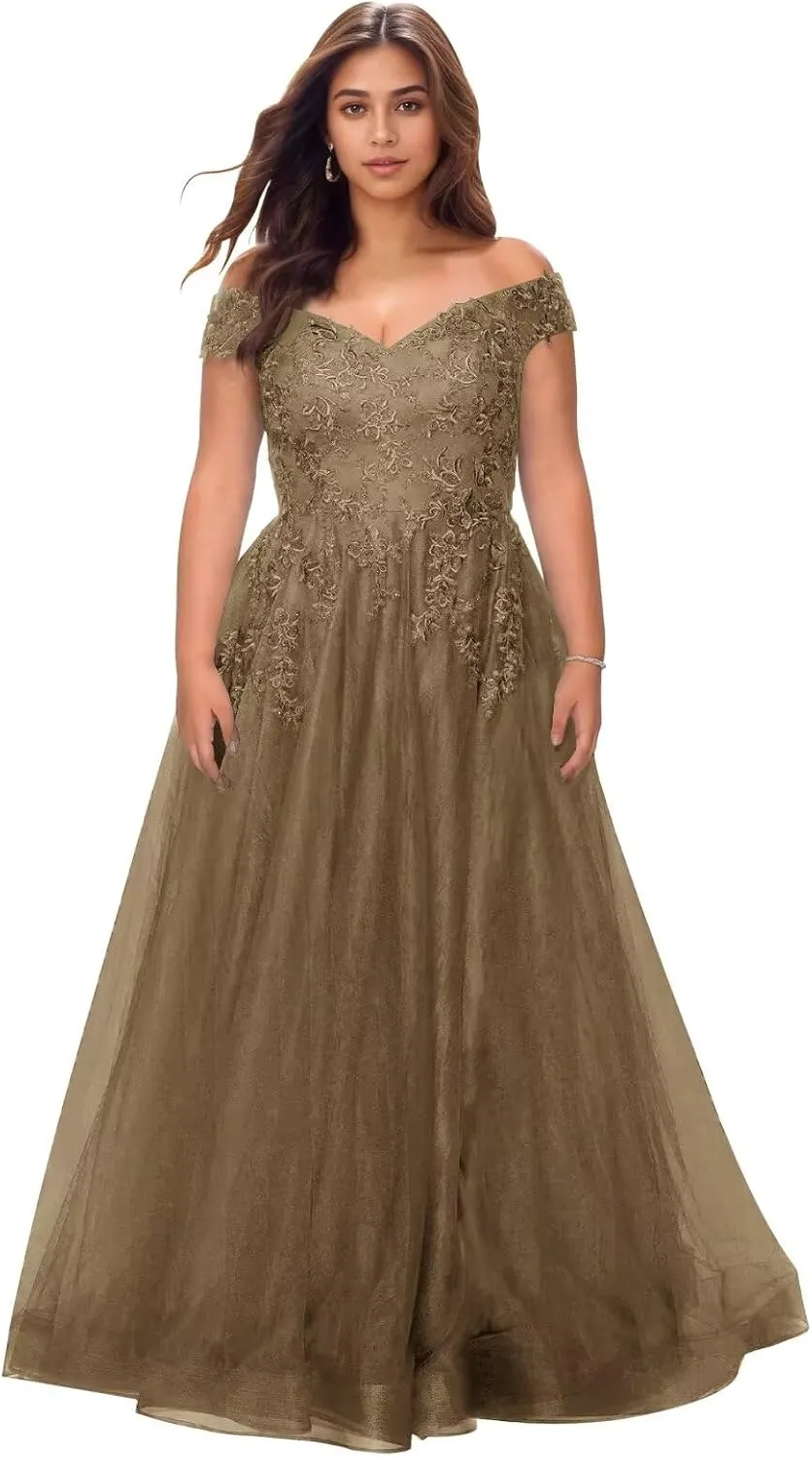 Off The Shoulder Tulle Mother of The Bride Dresses Plus Size Lace Applique Long Formal Evening Dress