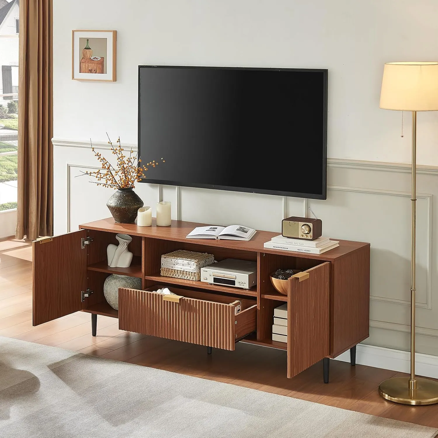 Okvnbjk Modern TV Stand for 65 Inch TV, Fluted TV Consoles for Living Room, Media Console with Soft Hinge & Drawer, Wood Entertainment Center with Storage, Mocha