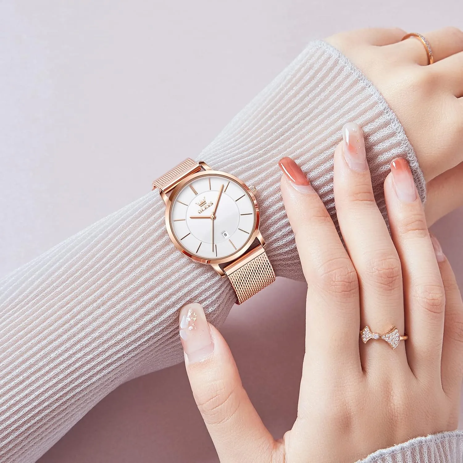 OLEVS Women's Mesh Bracelet Watch, Elegant Large Face Three Hand Analog Quartz Womens Wristwatch, Pretty Slim Date Display Waterproof Ladies Watches for Small Wrists