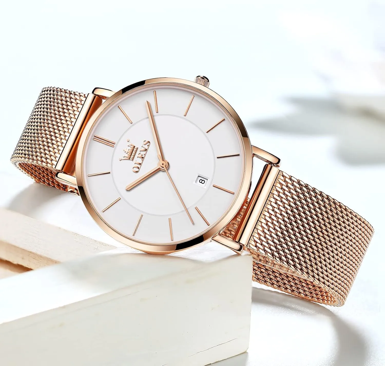 OLEVS Women's Mesh Bracelet Watch, Elegant Large Face Three Hand Analog Quartz Womens Wristwatch, Pretty Slim Date Display Waterproof Ladies Watches for Small Wrists