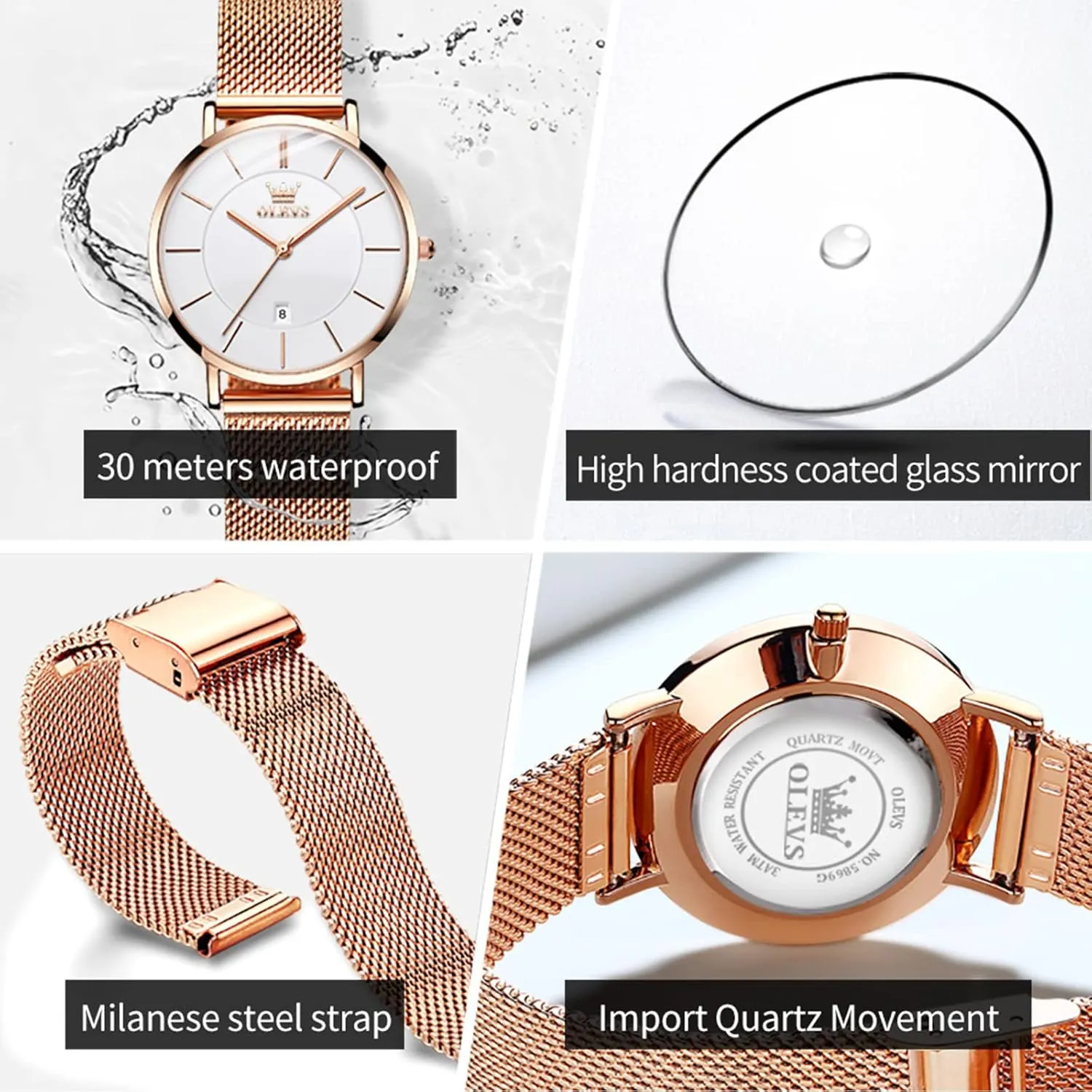 OLEVS Women's Mesh Bracelet Watch, Elegant Large Face Three Hand Analog Quartz Womens Wristwatch, Pretty Slim Date Display Waterproof Ladies Watches for Small Wrists
