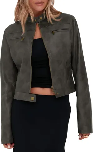 Onedreamer Women's Faux Leather Cropped jackets Casual Vintage Zip Up Stand Collar Motorcycle Short Coat Jacket