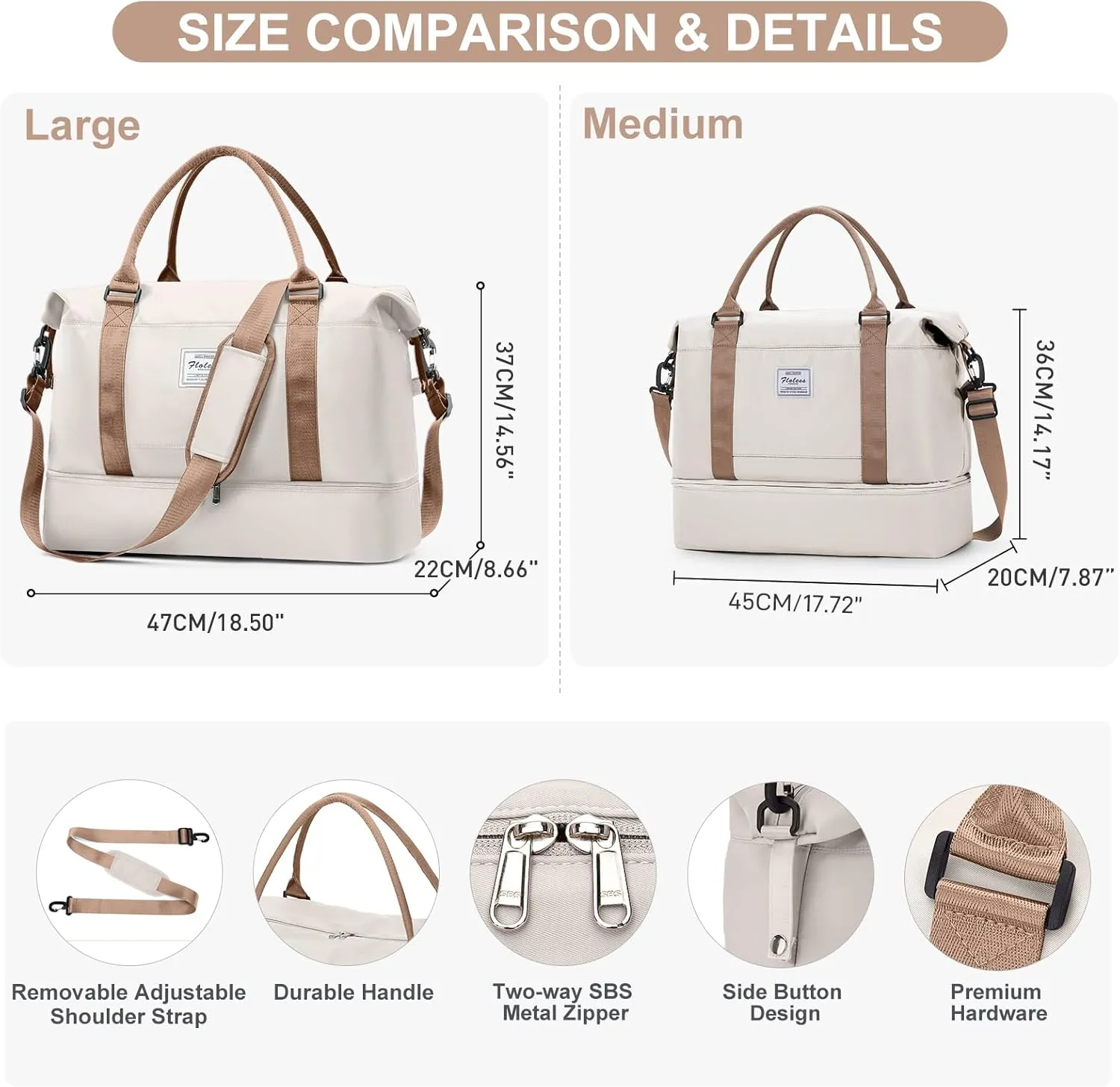 ONXTHIN Weekender Duffel Bag - Travel Tote with Shoes Compartment & Separate Toiletry Bag, Trolley Sleeve - Beige & Brown