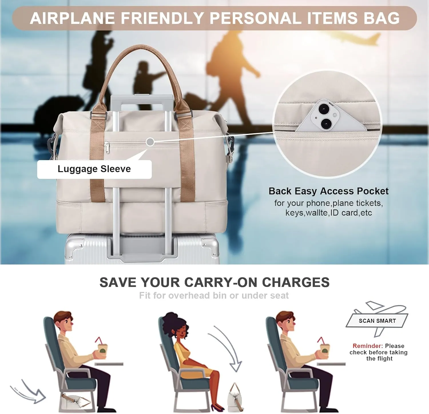 ONXTHIN Weekender Duffel Bag - Travel Tote with Shoes Compartment & Separate Toiletry Bag, Trolley Sleeve - Beige & Brown