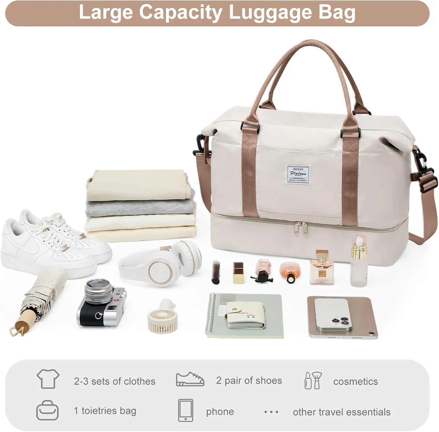 ONXTHIN Weekender Duffel Bag - Travel Tote with Shoes Compartment & Separate Toiletry Bag, Trolley Sleeve - Beige & Brown