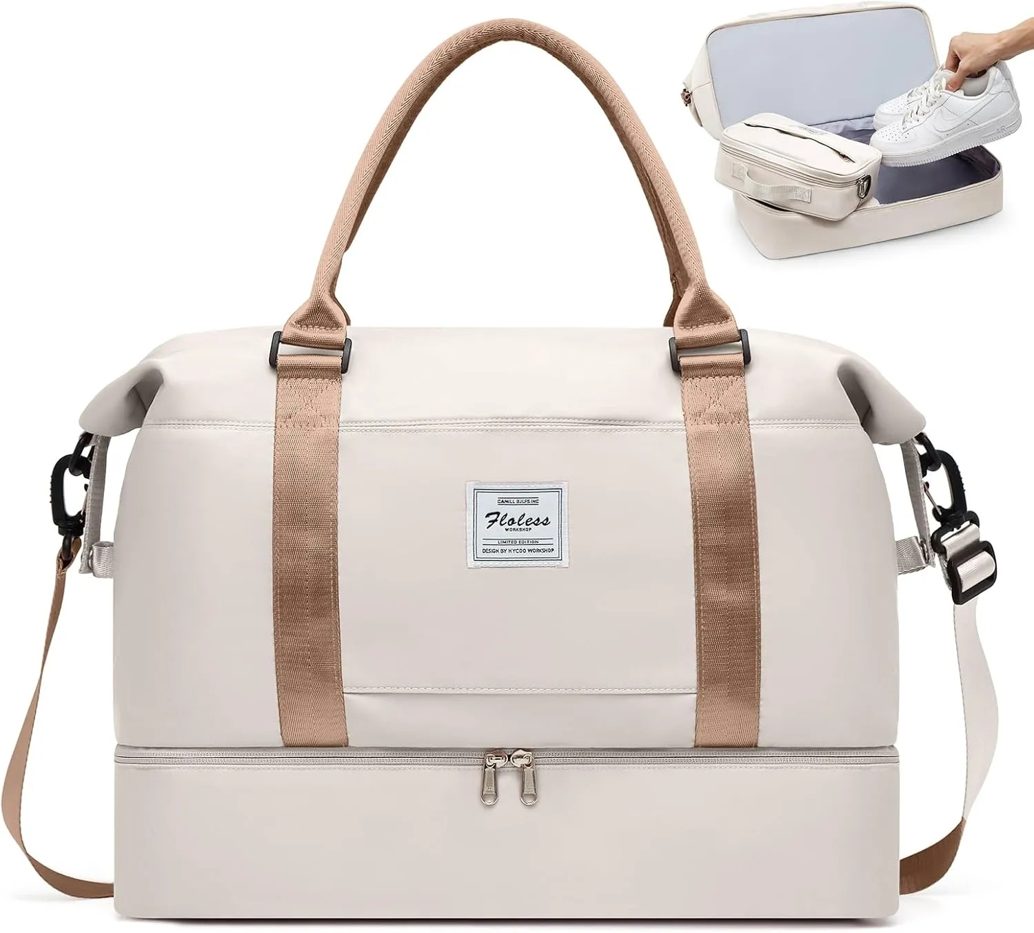 ONXTHIN Weekender Duffel Bag - Travel Tote with Shoes Compartment & Separate Toiletry Bag, Trolley Sleeve - Beige & Brown