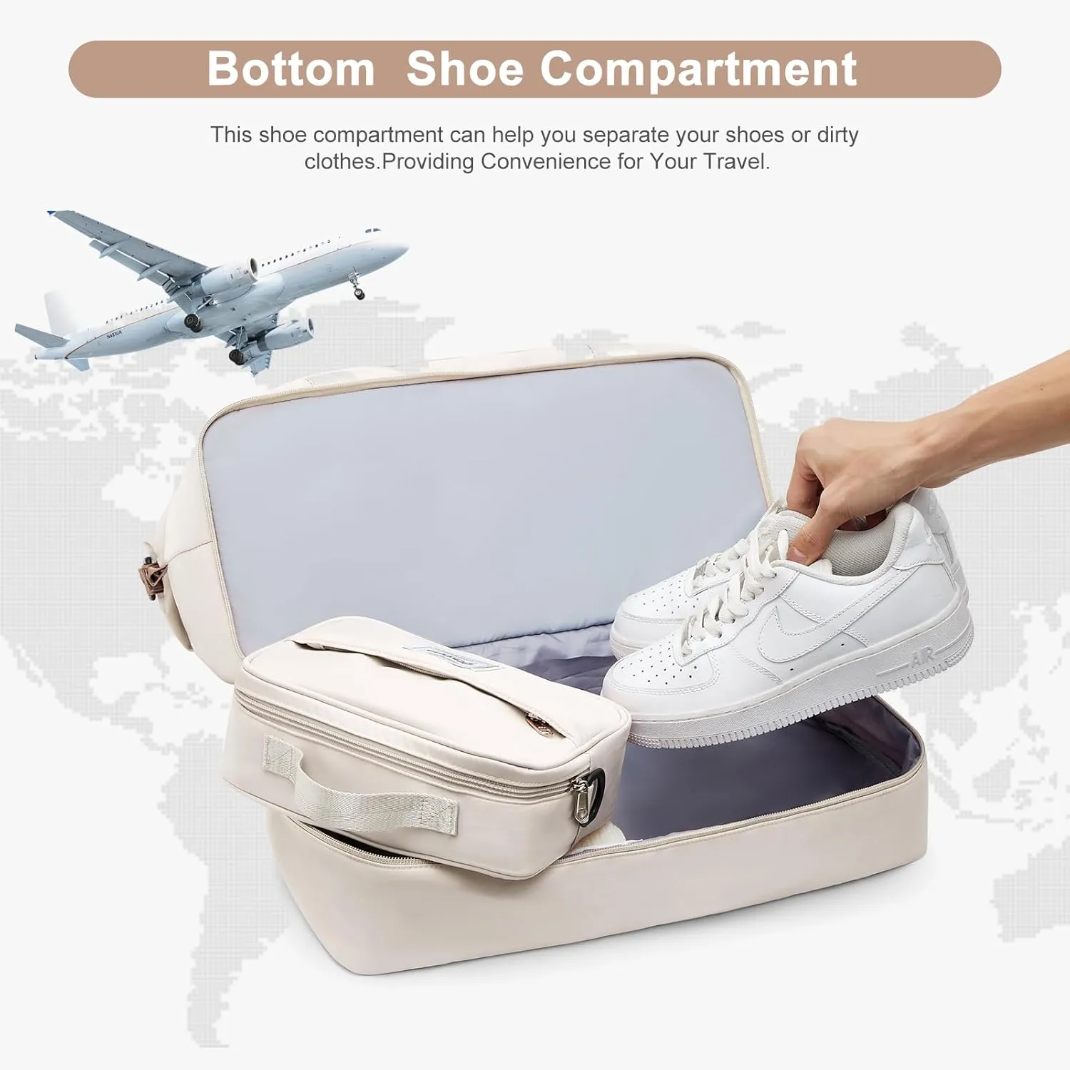 ONXTHIN Weekender Duffel Bag - Travel Tote with Shoes Compartment & Separate Toiletry Bag, Trolley Sleeve - Beige & Brown