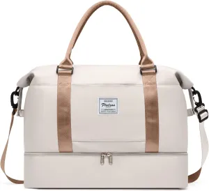 ONXTHIN Weekender Duffel Bag - Travel Tote with Shoes Compartment & Separate Toiletry Bag, Trolley Sleeve - Beige & Brown