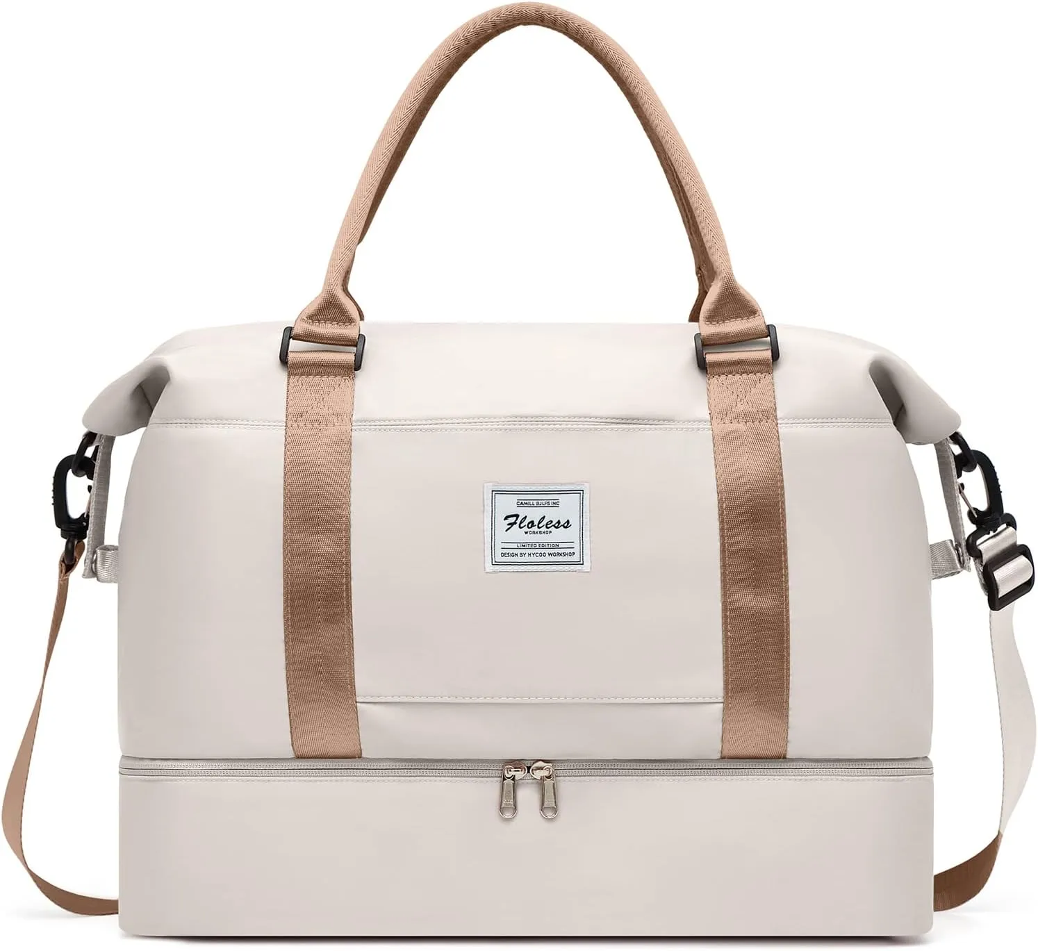 ONXTHIN Weekender Duffel Bag - Travel Tote with Shoes Compartment & Separate Toiletry Bag, Trolley Sleeve - Beige & Brown
