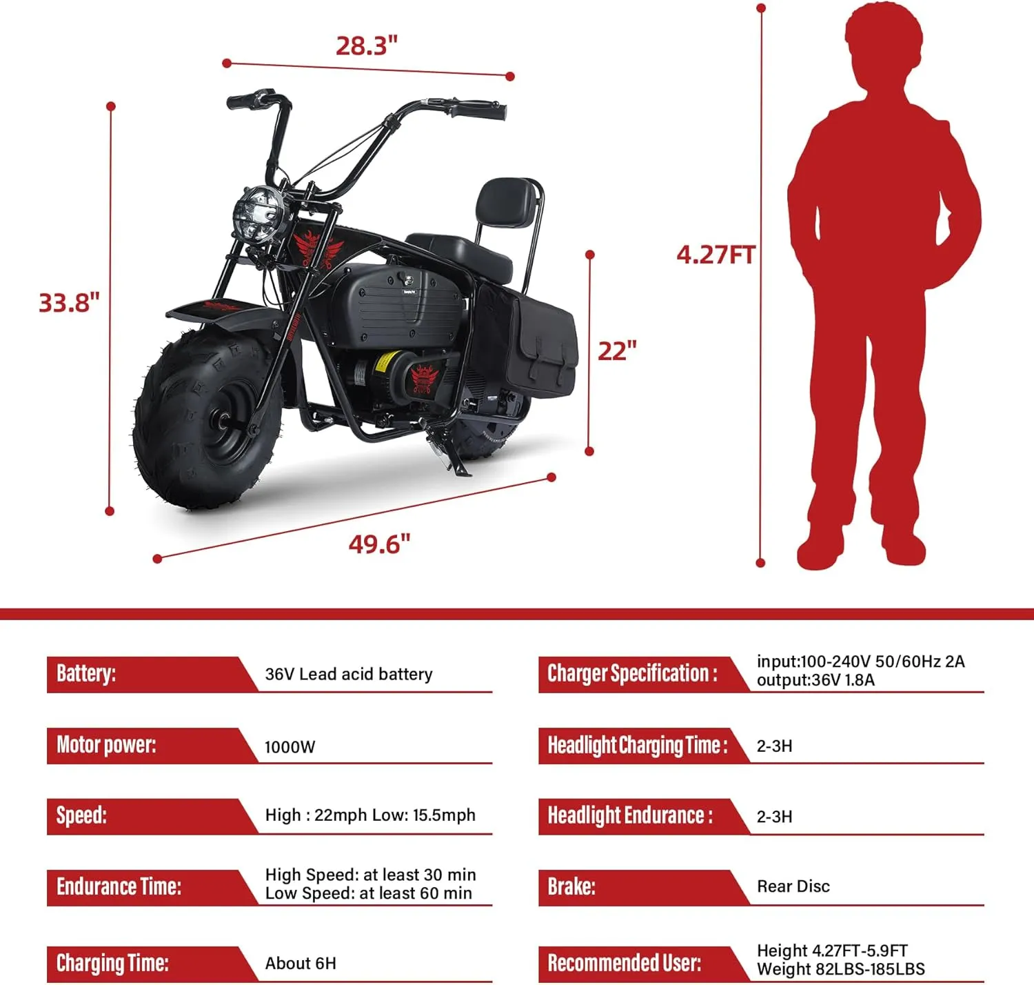 Oryxearth 36V 1000W Electric Dirt Bike for Kids & Teens, 2-Speed (15.5/22 MPH) Off-Road Motorcycle, 60 Min Ride Time, 185 lbs Max Load, 2 Storage Bags, Dark Red
