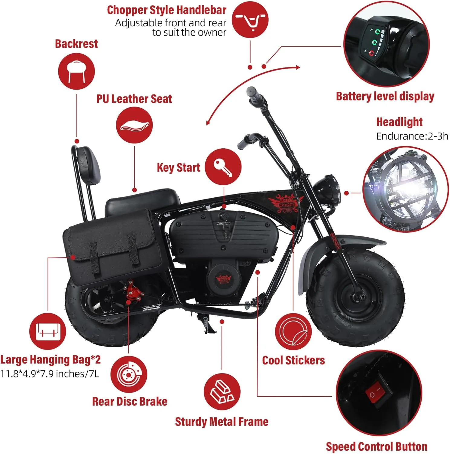Oryxearth 36V 1000W Electric Dirt Bike for Kids & Teens, 2-Speed (15.5/22 MPH) Off-Road Motorcycle, 60 Min Ride Time, 185 lbs Max Load, 2 Storage Bags, Dark Red