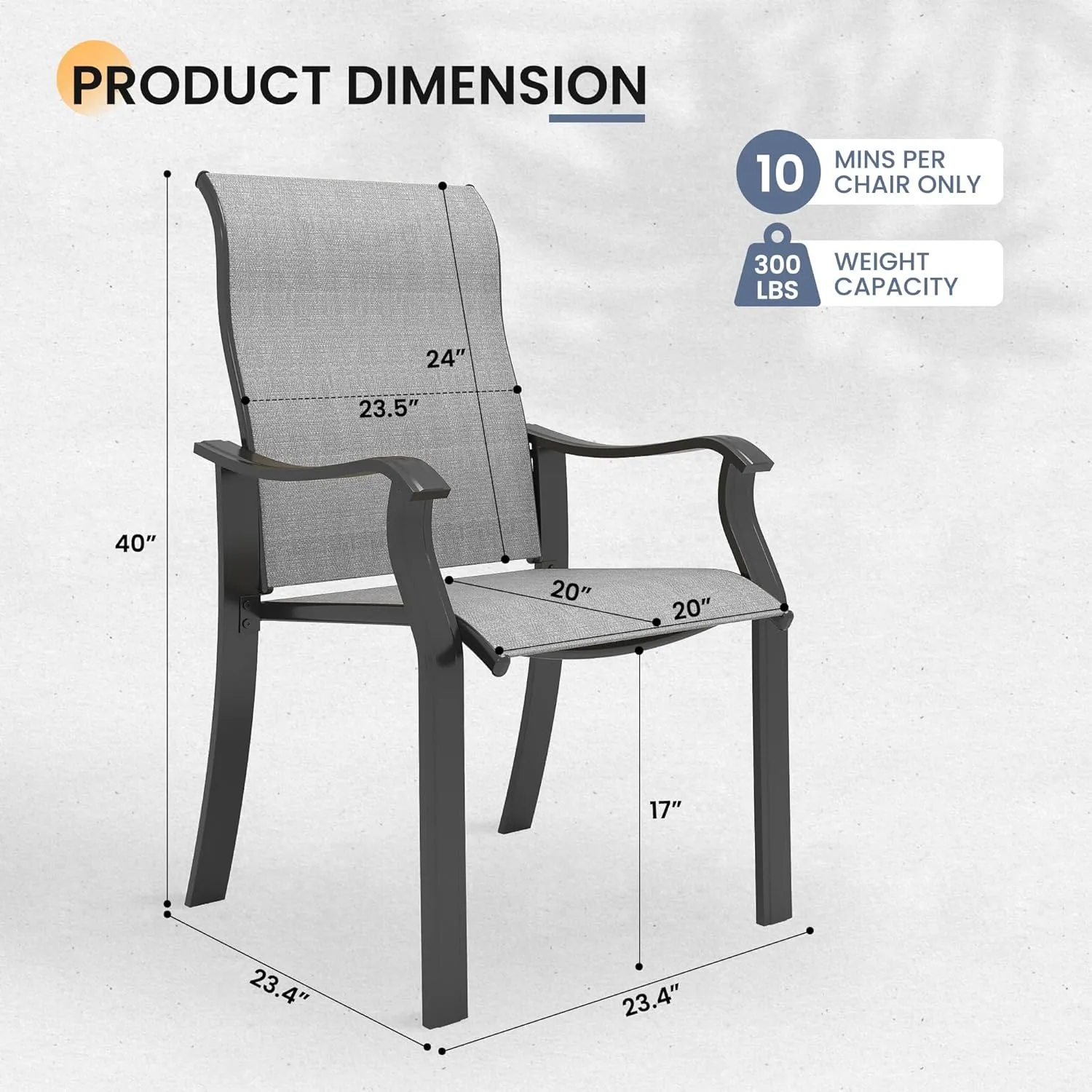 Outdoor Patio Dining Chairs Set of 2, High Back Patio Chairs, All-Weather Textilene Outdoor Seating with Armrests for Lawn, Porch and Backyard (Light Grey 2 Chairs)