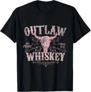 Outlaw Whiskey Bull Skull Western Country Vintage T-Shirt