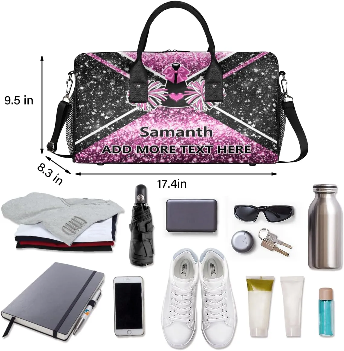 Overnight Shoulder Bag for Women Men Personalized Foldable Cheer Travel Workout Bag Carry on Weekender Bag for Sports Camping Gym