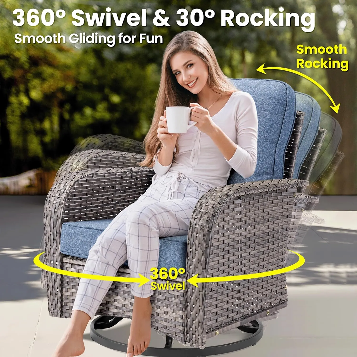 ovios 9 Pieces Patio Furniture Set, Outdoor Wicker Sofa with Swivel Rocking Chairs Solar Lights Table, Modern Deep Seat Rattan Couch Conversation Set for Porch Deck, Denim Blue