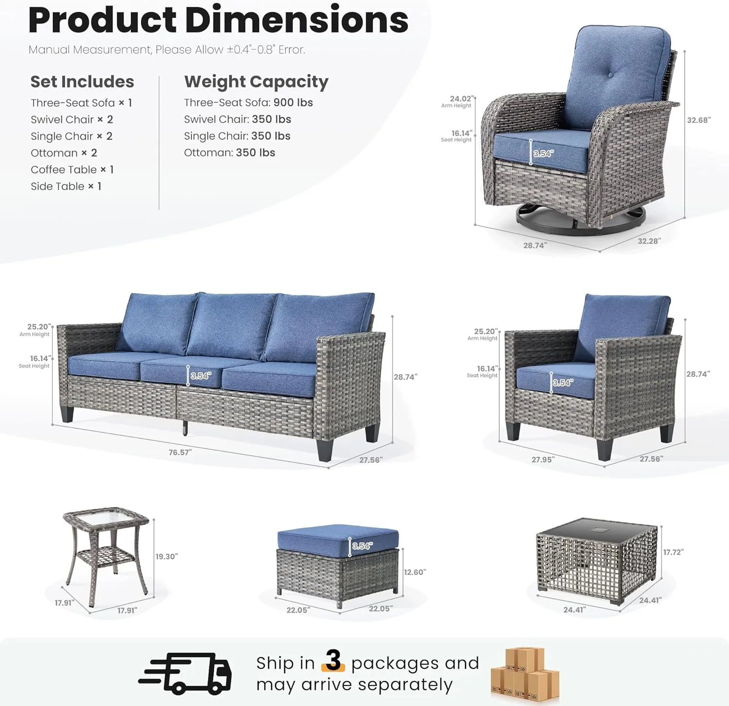 ovios 9 Pieces Patio Furniture Set, Outdoor Wicker Sofa with Swivel Rocking Chairs Solar Lights Table, Modern Deep Seat Rattan Couch Conversation Set for Porch Deck, Denim Blue