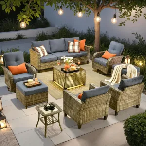 ovios 9 Pieces Patio Furniture Set, Outdoor Wicker Sofa with Swivel Rocking Chairs Solar Lights Table, Modern Deep Seat Rattan Couch Conversation Set for Porch Deck, Denim Blue