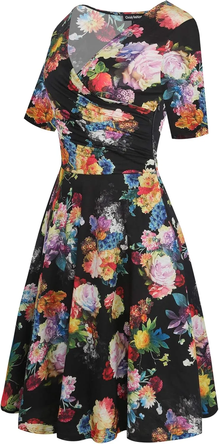 oxiuly Women's Casual Dresses Criss-Cross V-Neck Floral Flare Midi Summer Dress OX233