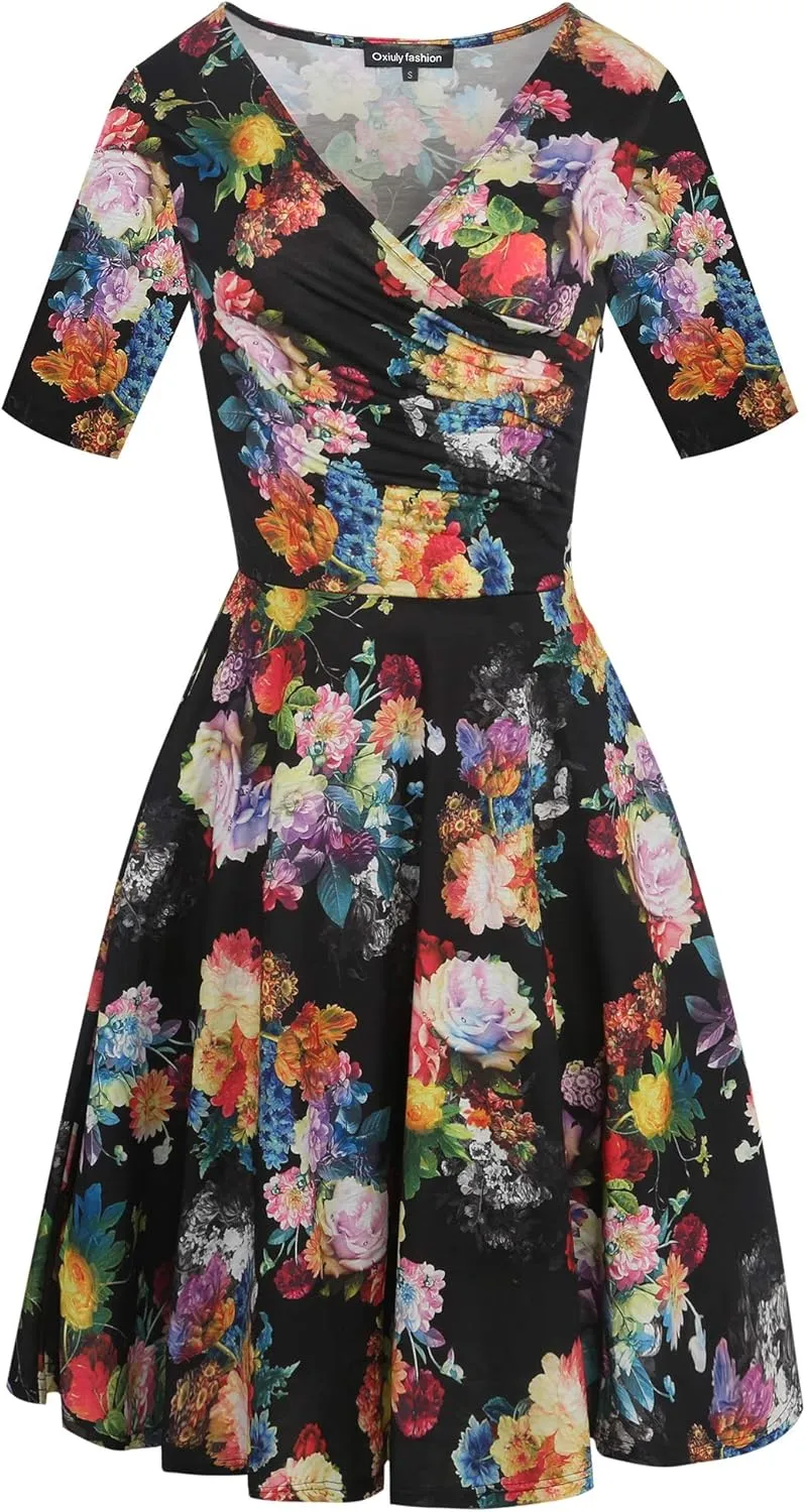 oxiuly Women's Casual Dresses Criss-Cross V-Neck Floral Flare Midi Summer Dress OX233