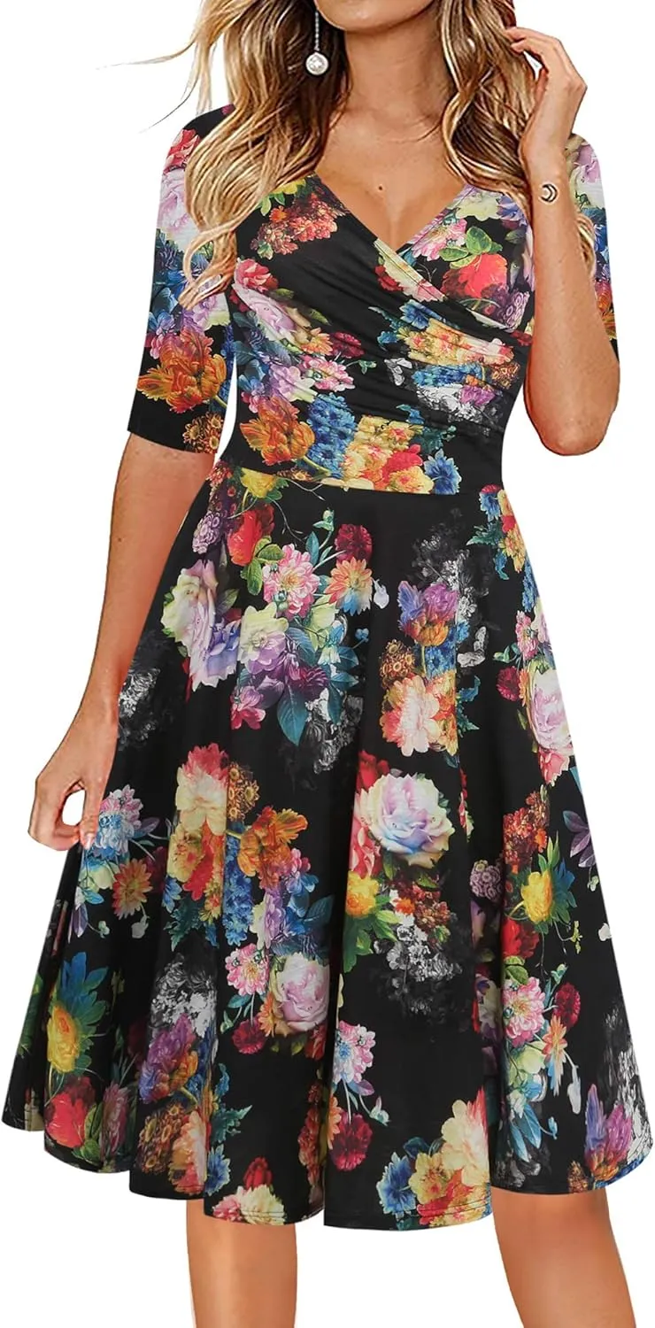 oxiuly Women's Casual Dresses Criss-Cross V-Neck Floral Flare Midi Summer Dress OX233
