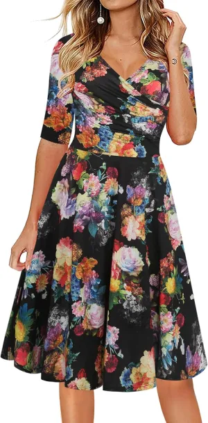 oxiuly Women's Casual Dresses Criss-Cross V-Neck Floral Flare Midi Summer Dress OX233