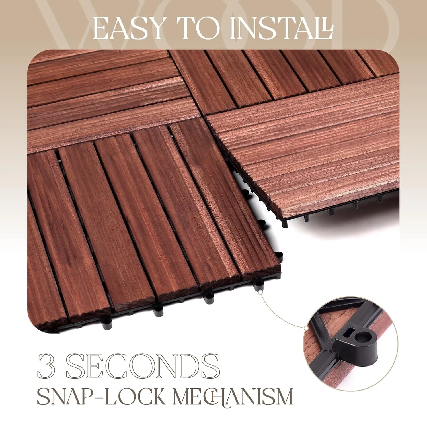 Pack of 10 Deck Tiles, Solid Acacia Wood Floor Tiles, Patio Tiles Outdoor Interlocking Waterproof All Weather, with Grooves Decrease Skidding (10, Dark Brown, 12'' x 12" - 6 Slat)
