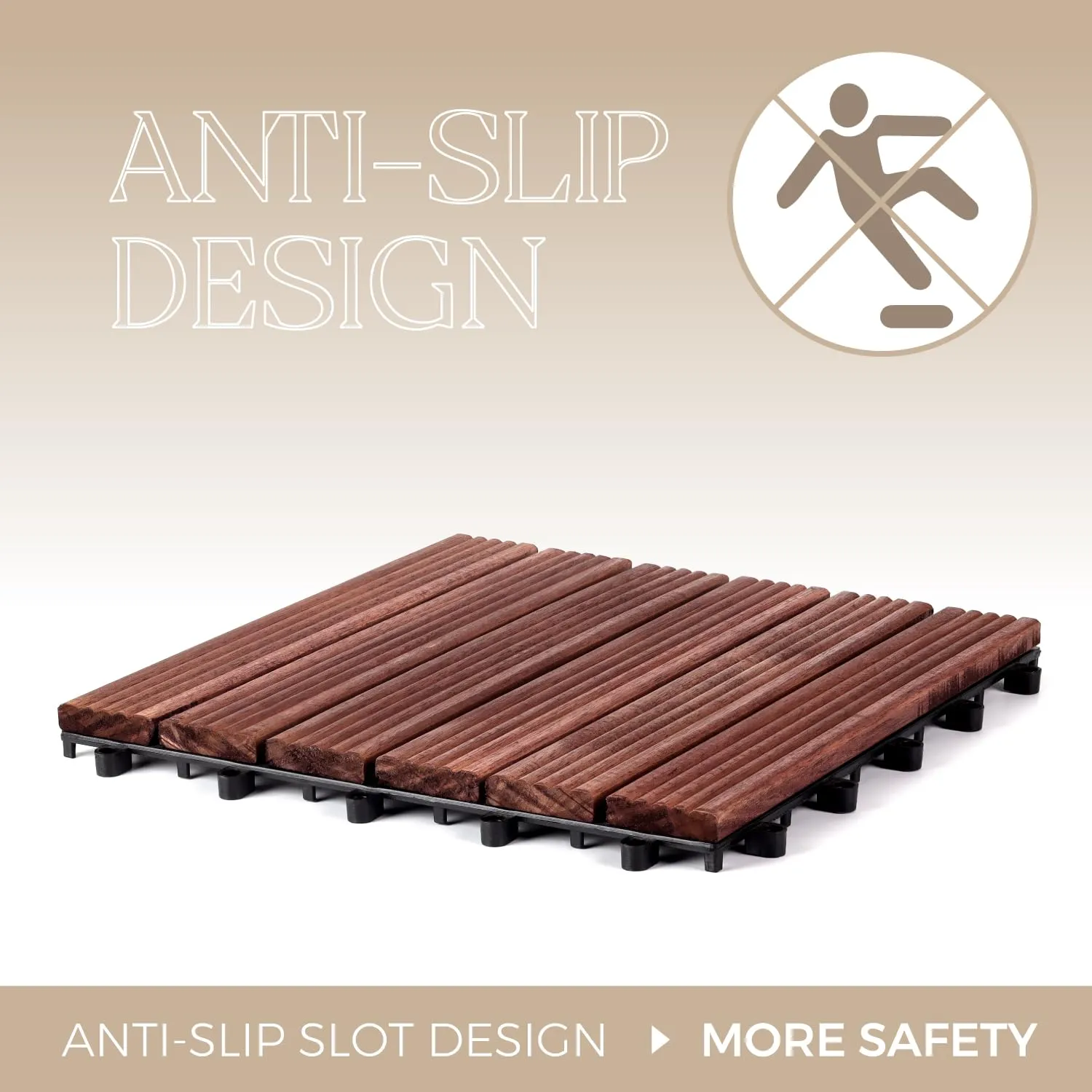 Pack of 10 Deck Tiles, Solid Acacia Wood Floor Tiles, Patio Tiles Outdoor Interlocking Waterproof All Weather, with Grooves Decrease Skidding (10, Dark Brown, 12'' x 12" - 6 Slat)