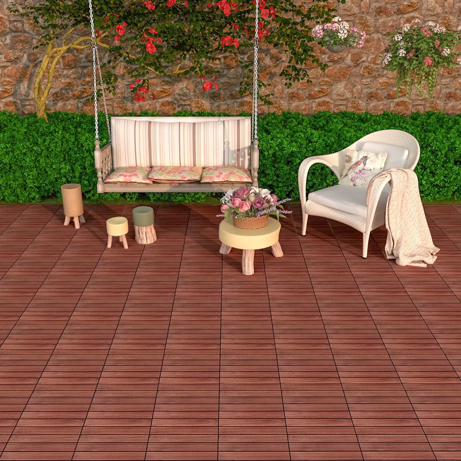 Pack of 10 Deck Tiles, Solid Acacia Wood Floor Tiles, Patio Tiles Outdoor Interlocking Waterproof All Weather, with Grooves Decrease Skidding (10, Dark Brown, 12'' x 12" - 6 Slat)