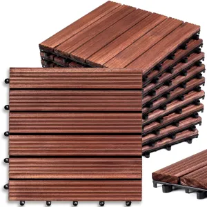 Pack of 10 Deck Tiles, Solid Acacia Wood Floor Tiles, Patio Tiles Outdoor Interlocking Waterproof All Weather, with Grooves Decrease Skidding (10, Dark Brown, 12'' x 12" - 6 Slat)