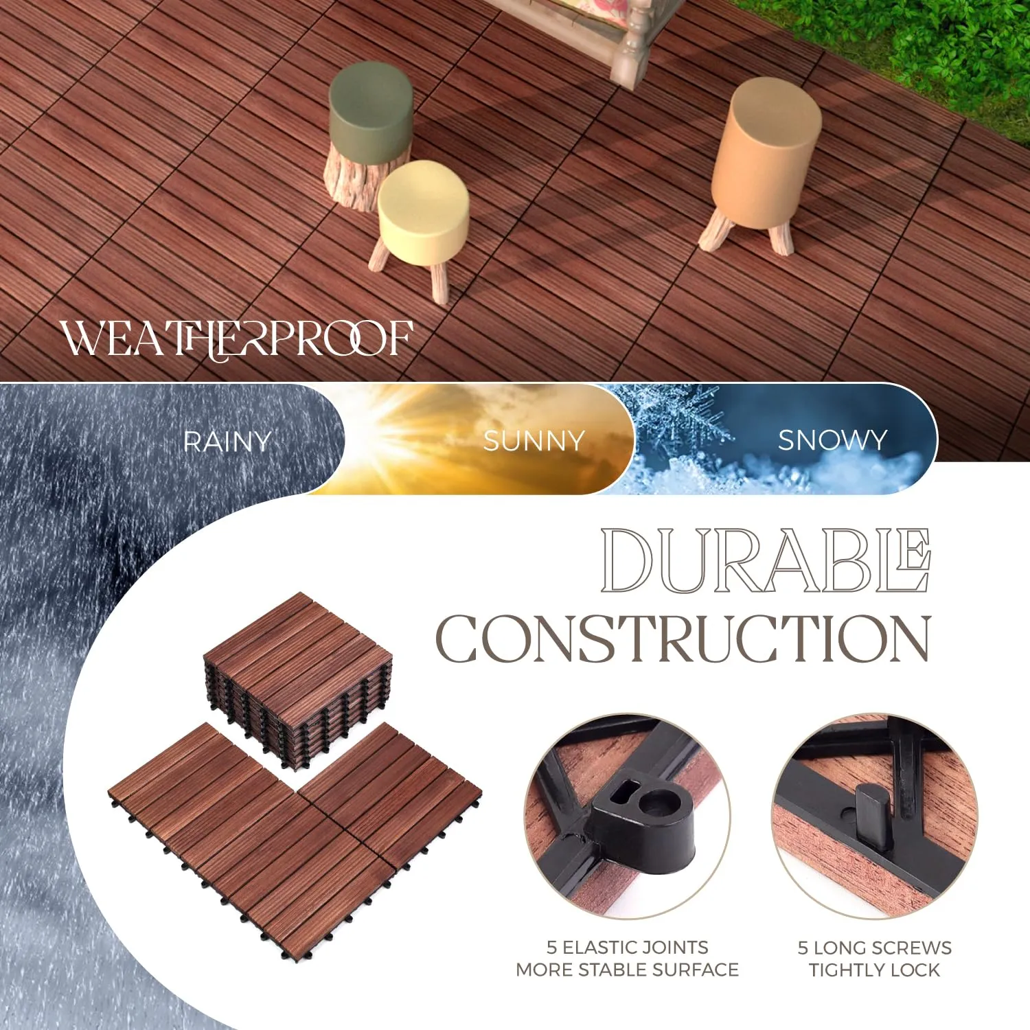Pack of 10 Deck Tiles, Solid Acacia Wood Floor Tiles, Patio Tiles Outdoor Interlocking Waterproof All Weather, with Grooves Decrease Skidding (10, Dark Brown, 12'' x 12" - 6 Slat)