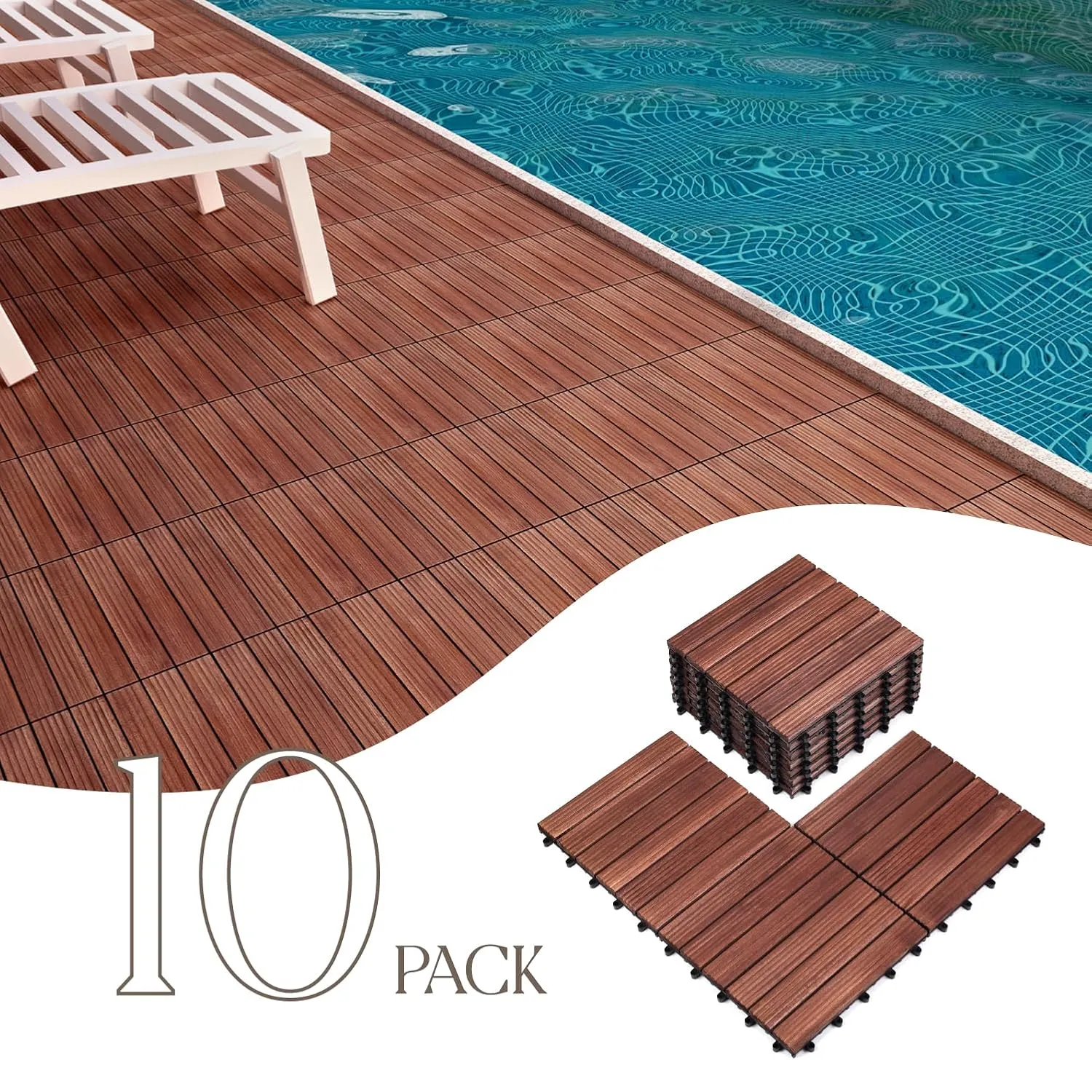 Pack of 10 Deck Tiles, Solid Acacia Wood Floor Tiles, Patio Tiles Outdoor Interlocking Waterproof All Weather, with Grooves Decrease Skidding (10, Dark Brown, 12'' x 12" - 6 Slat)