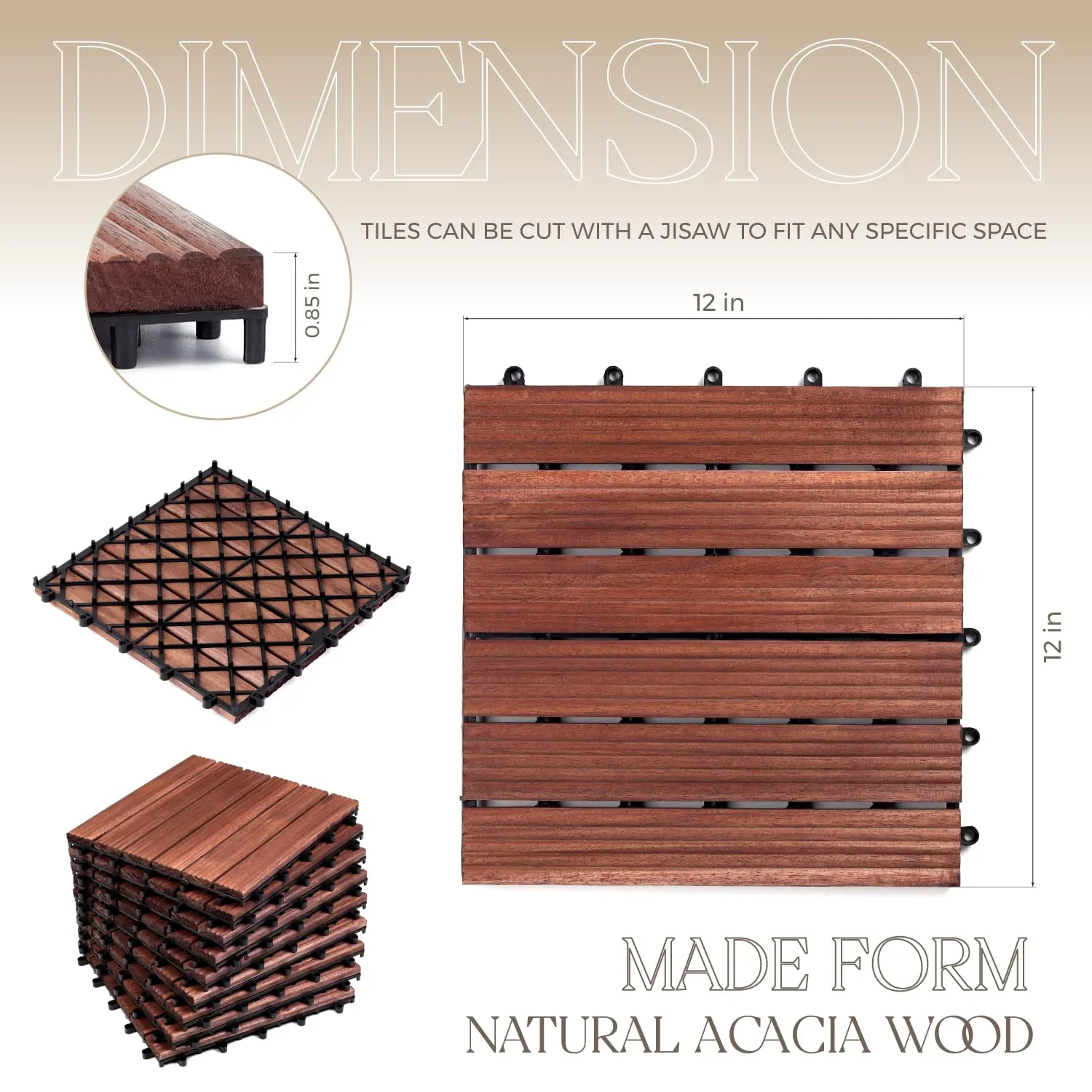 Pack of 10 Deck Tiles, Solid Acacia Wood Floor Tiles, Patio Tiles Outdoor Interlocking Waterproof All Weather, with Grooves Decrease Skidding (10, Dark Brown, 12'' x 12" - 6 Slat)
