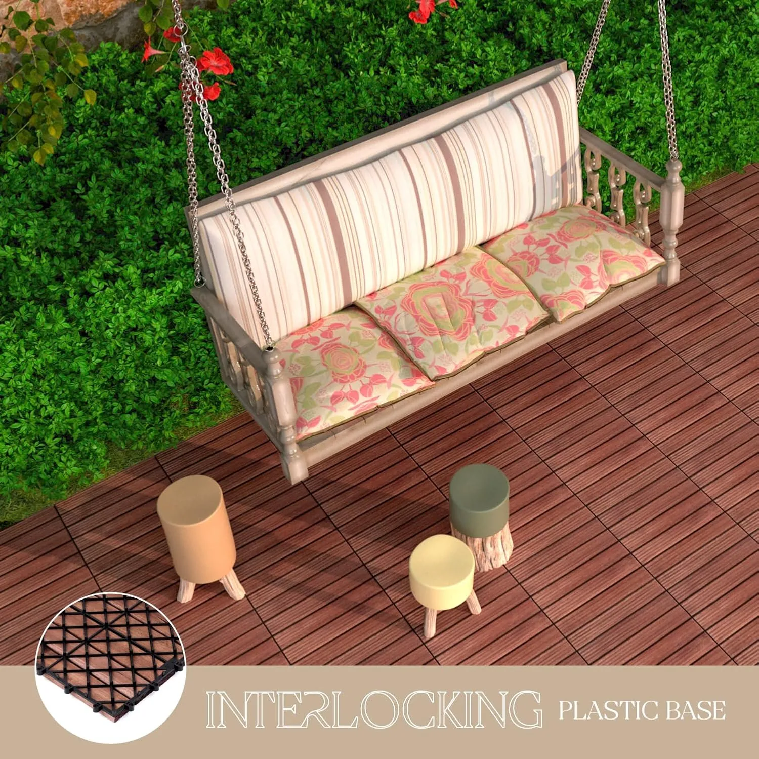 Pack of 10 Deck Tiles, Solid Acacia Wood Floor Tiles, Patio Tiles Outdoor Interlocking Waterproof All Weather, with Grooves Decrease Skidding (10, Dark Brown, 12'' x 12" - 6 Slat)