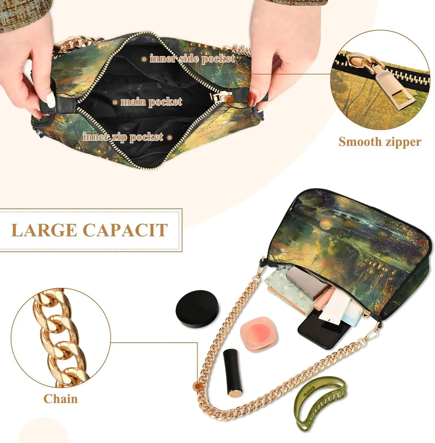 Painting Magical Forest Chain Purse Hobo Tote Bags Women's Handbag Cute Shoulder Strap