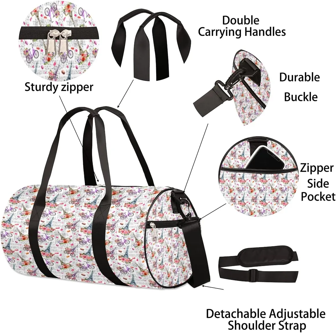 Paris Eiffel Tower Gym Bag Small Gym Duffel Bags for Men Women Flower Overnight Weekender Bag Lightweight Sport Duffle Bag Carry On Gymbag