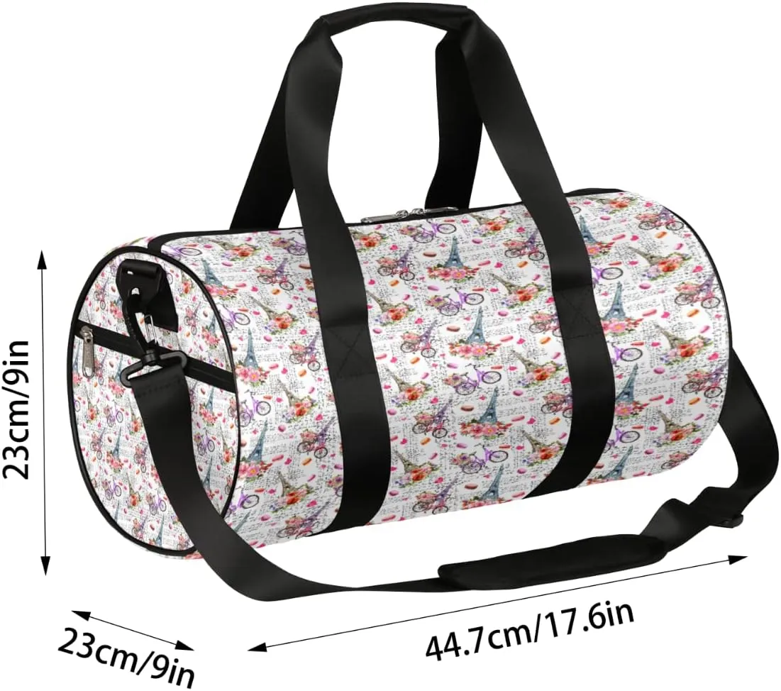 Paris Eiffel Tower Gym Bag Small Gym Duffel Bags for Men Women Flower Overnight Weekender Bag Lightweight Sport Duffle Bag Carry On Gymbag