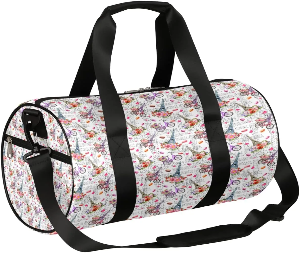 Paris Eiffel Tower Gym Bag Small Gym Duffel Bags for Men Women Flower Overnight Weekender Bag Lightweight Sport Duffle Bag Carry On Gymbag