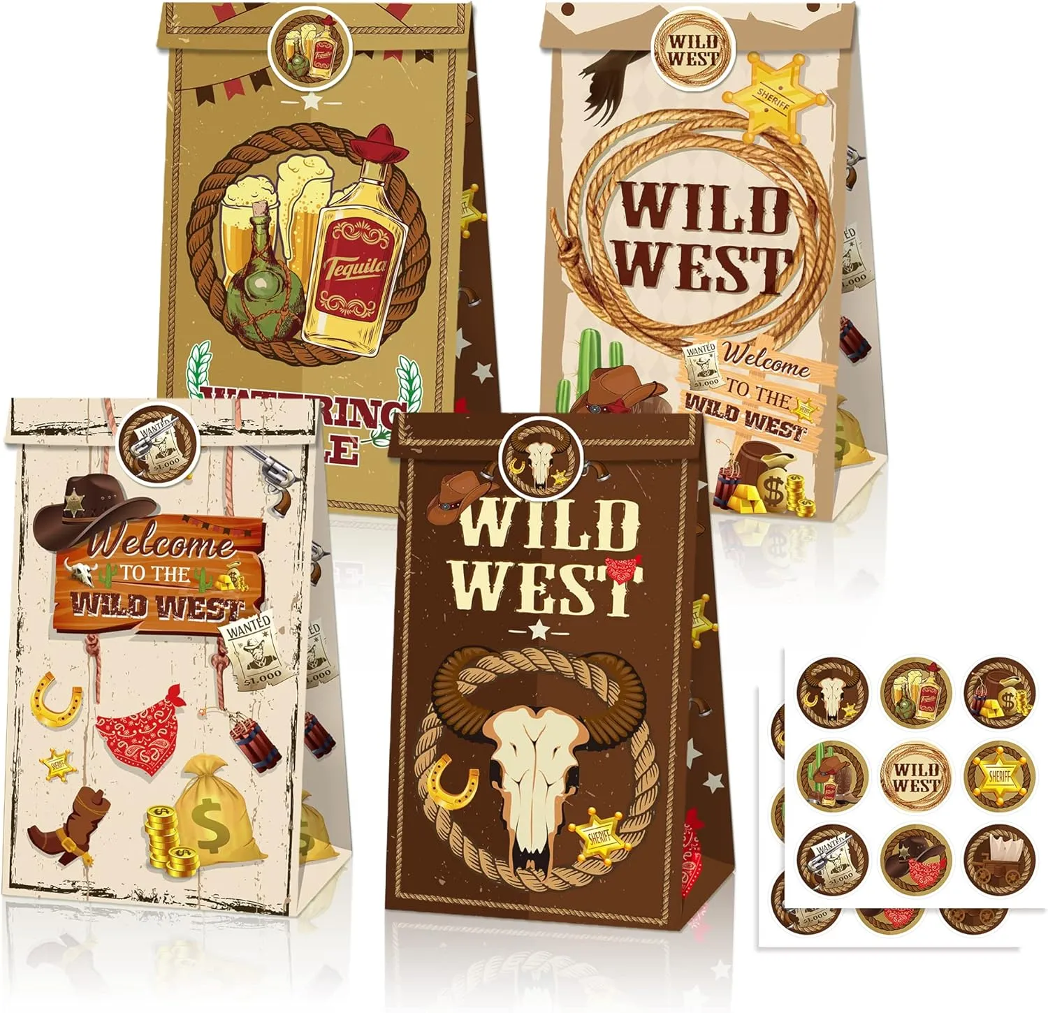 Partystadl 24Pcs Western Cowboy Party Favor Treat Bags, Cowboy Themed Birthday Party Favor Bags with Stickers, Wild West Cowboys Birthday Party Supplies Suitable for Birthdays Gifts, Cowboy Toys