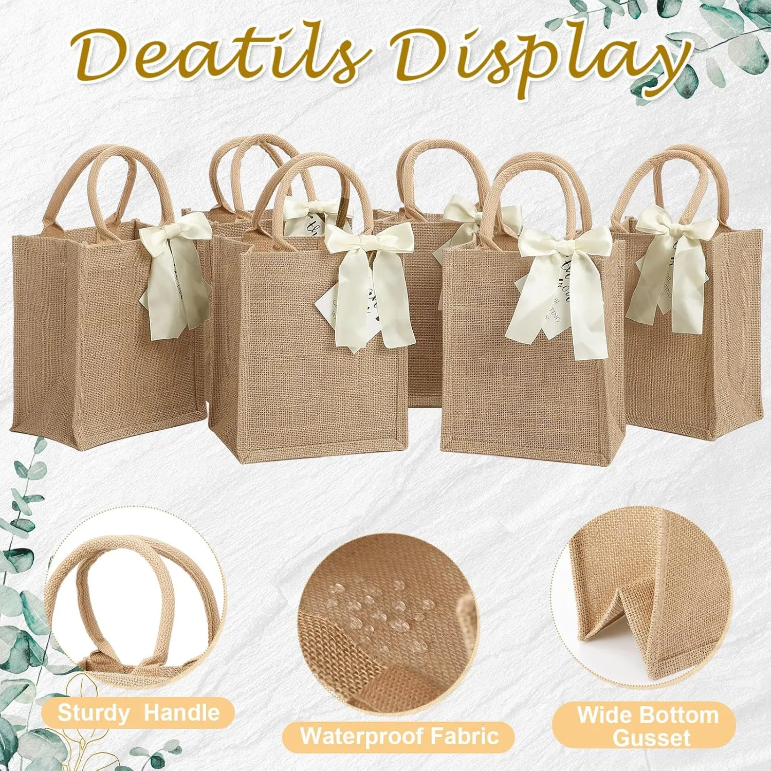 Paterr 6 Pack Burlap Tote Bags with Handles Small Reusable Jute Bags with Bow Thank You Tag Burlap Gift Tote
