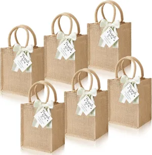 Paterr 6 Pack Burlap Tote Bags with Handles Small Reusable Jute Bags with Bow Thank You Tag Burlap Gift Tote